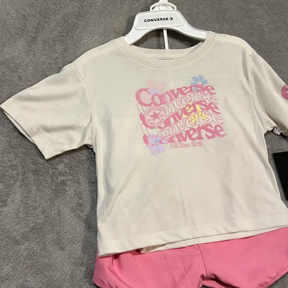 Converse Shirt Shorts Set Girls 6X Cream Pink All Star Graphic Two Piece Logo